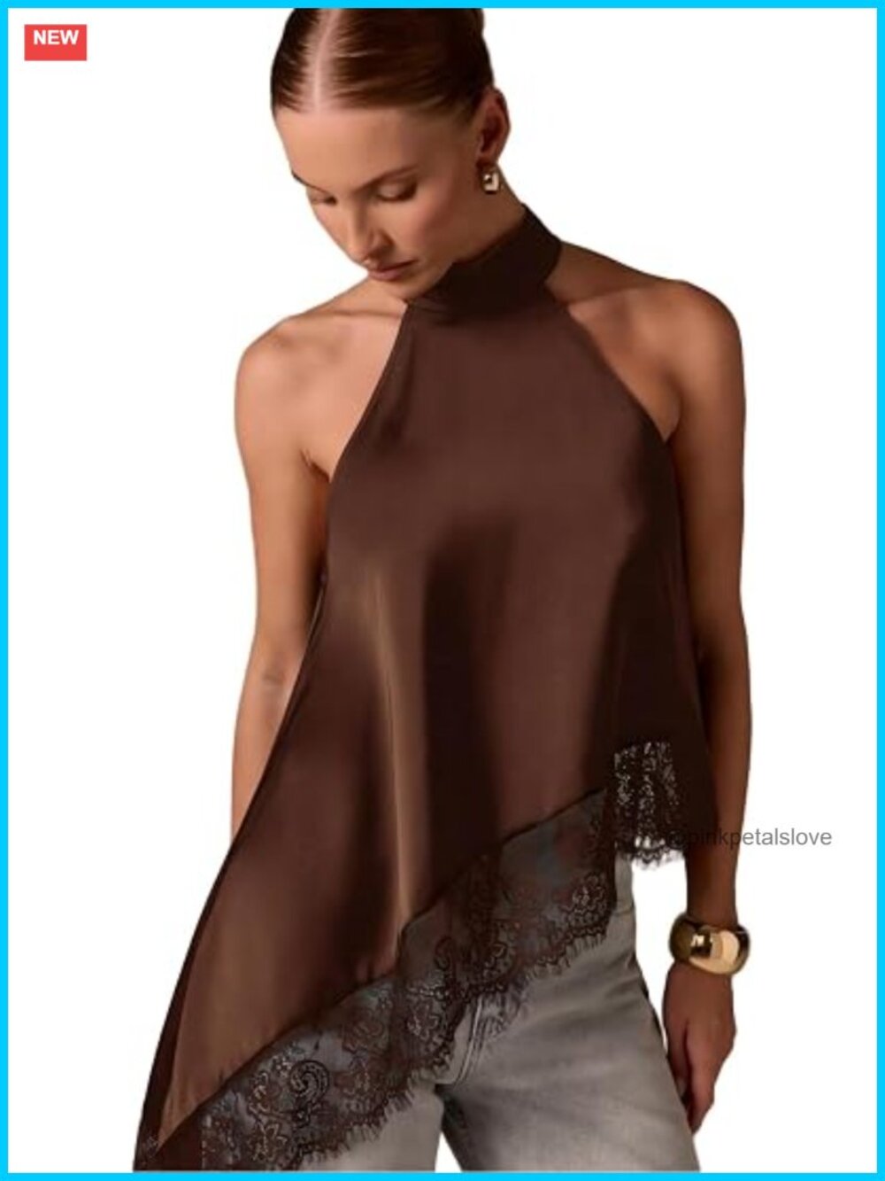 Satin Halter Crop Top Asymmetrical Hem Lace Trim Going Out Tank